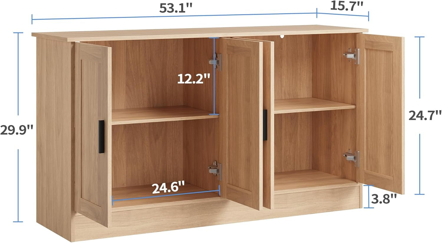 53.1“W Oak 4 Door Buffet Cabinet, Coffee Bar with Adjustable Shelf, Kitchen Sideboard for Living Room, Hallway