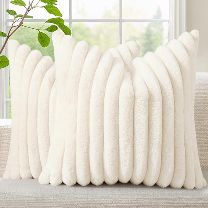 Faux Fur Spring Throw Pillow Covers 18X18 Set of 2, Decorative Soft Plush Striped Neutral Couch Euro Pillow Covers with Velvet Back for Sofa, Bed, Living Room Home Decor, Cream White