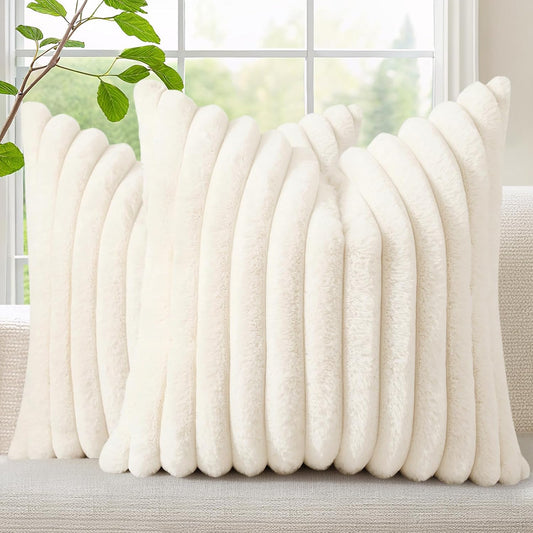 Faux Fur Spring Throw Pillow Covers 18X18 Set of 2, Decorative Soft Plush Striped Neutral Couch Euro Pillow Covers with Velvet Back for Sofa, Bed, Living Room Home Decor, Cream White