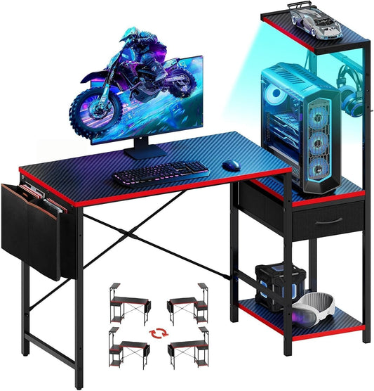 Gaming Desk with Drawer, 44 Inch Small Computer Desk with PC Shelf, Gaming Table with LED Lights for Small Spaces, Reversible Gamer Desk with Storage Bag & Side Hook, Black-Red