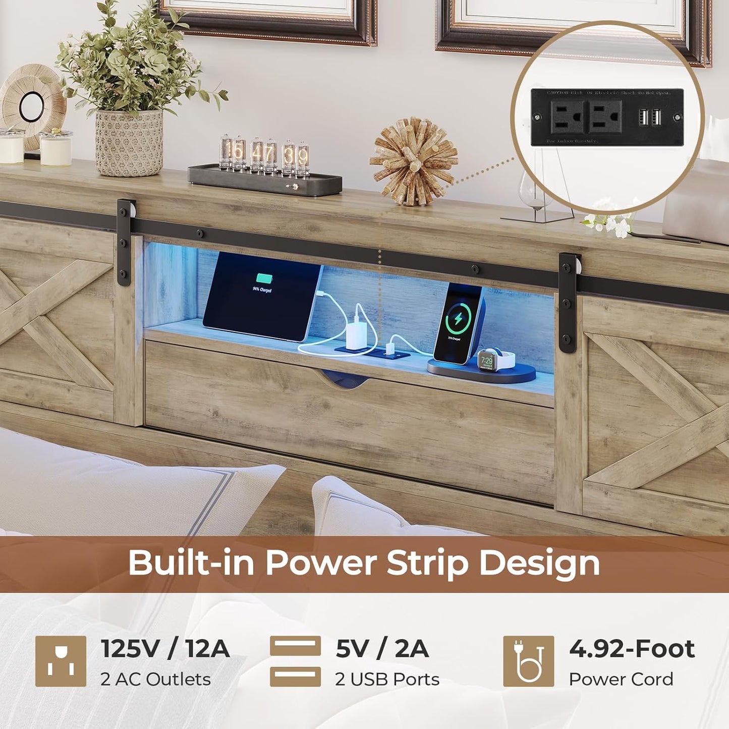 Farmhouse Bed Frame California King Size with Storage Bookcase Headboard, Wooden Cal King Bed with LED Lights, Charging Station, 2 Drawers, Country Rustic Bed Frame with Sliding Barn Door