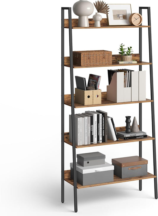Bookshelf, 5-Tier Bookcase, 11.8 X 31.5 X 66.9 Inches, Ladder Shelf for Home Office, Living Room, Bedroom, Kitchen, Rustic Brown and Ink Black ULLS129B01