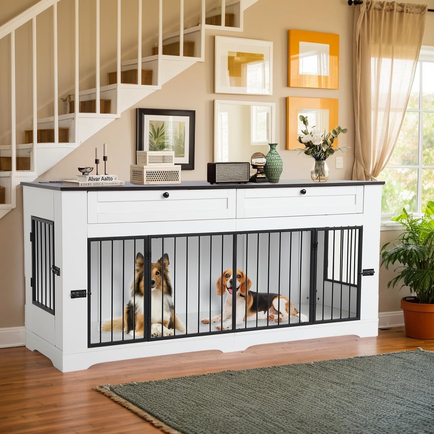 Dog Crate Furniture, Heavy Duty Dog Kennel Furniture for Medium Dogs, Wooden Double Dog Kennel Furniture with 2 Storage Drawers, Tv Stand Dog Cage with Power Outlet (White, 71”)