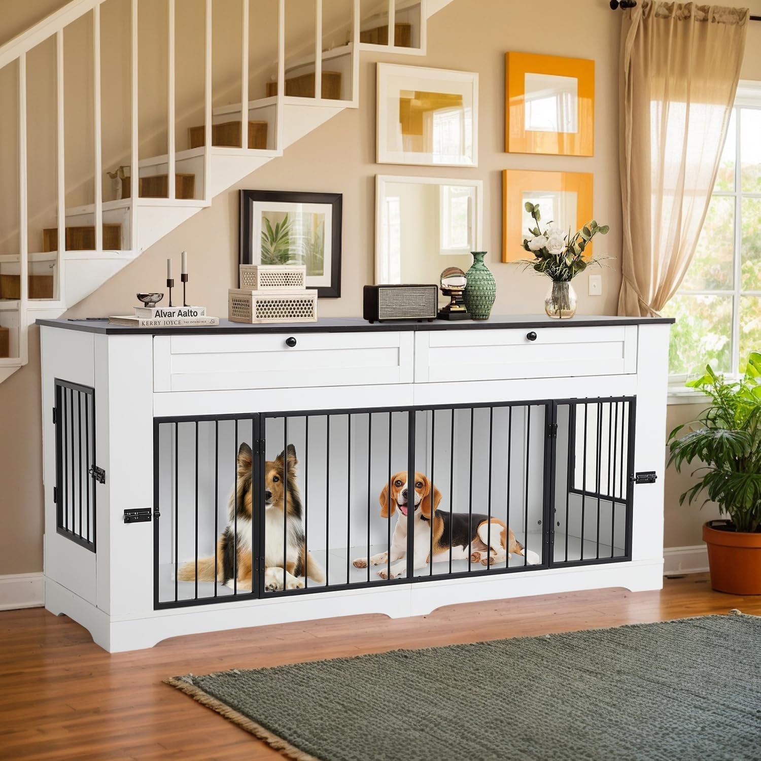 Dog Crate Furniture, Heavy Duty Dog Kennel Furniture for Medium Dogs, Wooden Double Dog Kennel Furniture with 2 Storage Drawers, Tv Stand Dog Cage with Power Outlet (White, 71”)