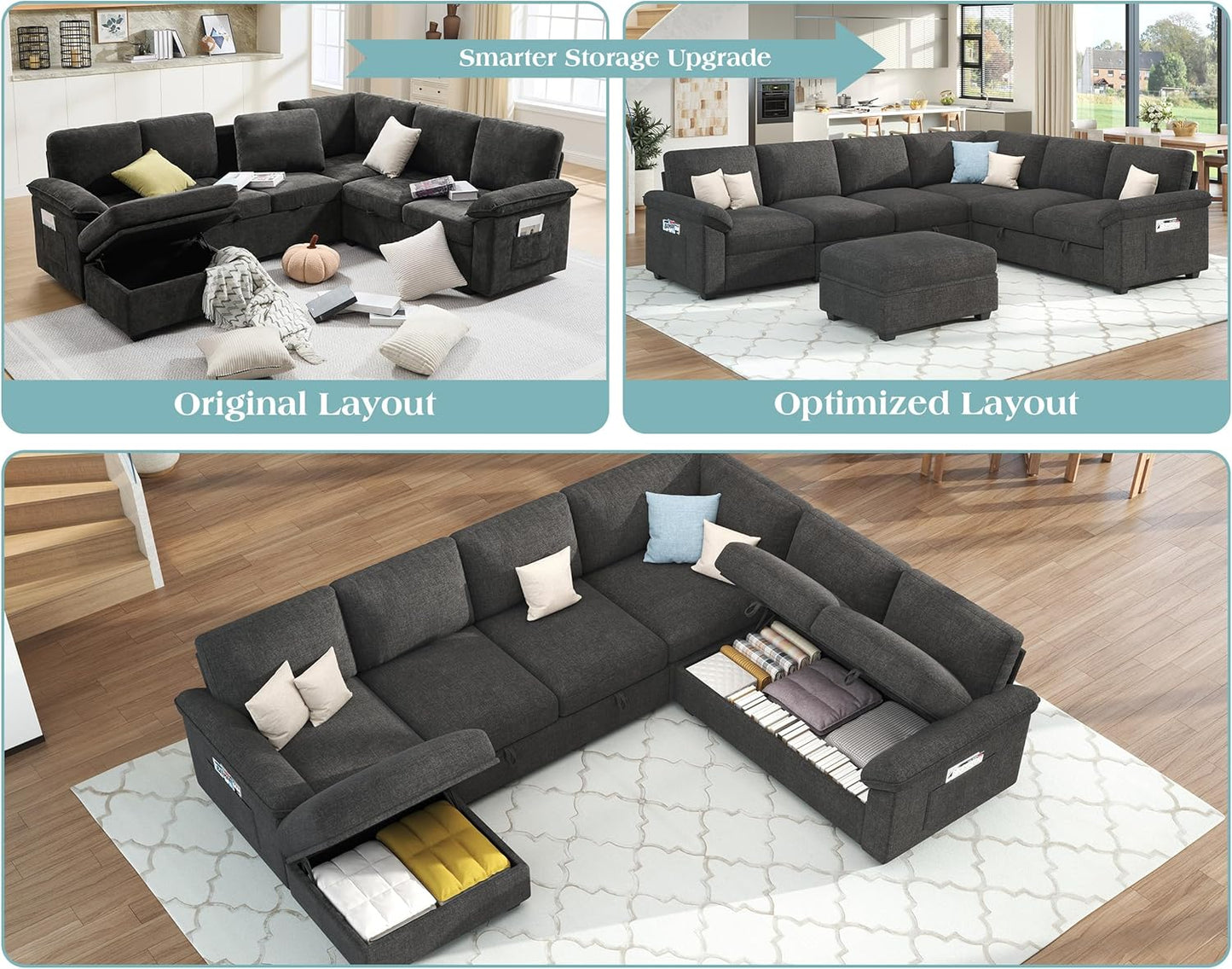105" Sofa Bed, Sectional Sleeper Sofa with Pull Out Bed/Reclining Backrest, Sleeper Couch Bed with Storage, 6 Seater Couch Bed for Living Room, Chenille Dark Gray