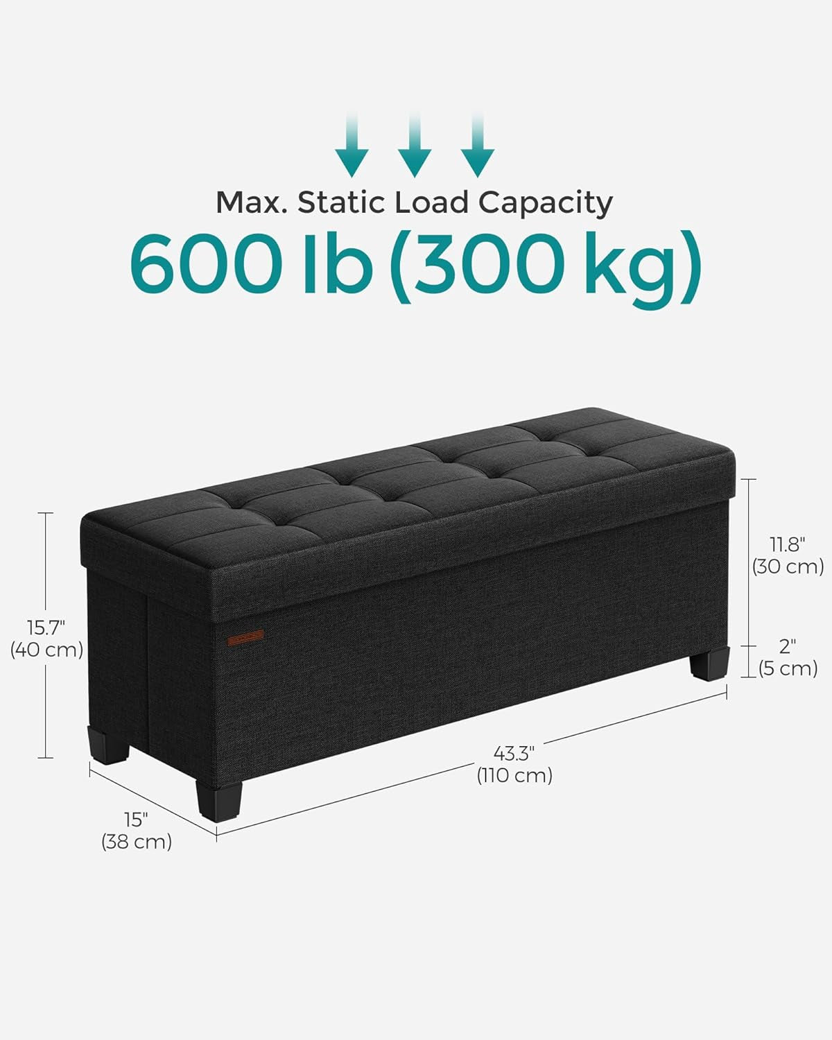 Storage Ottoman Bench, Foldable Foot Rest with Legs, 15 X 43 X 15.7 Inches, End of Bed Bench, Storage Chest, Load up to 660 Lb, for Living Room, Bedroom, Entryway, Ink Black ULSF018B01