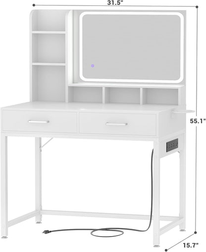 Small Vanity Desk, Vanity Desk with Mirror and Lights, Makeup Vanity Desks with Power Strip, Vanity Table with Drawers and Shelves, Adjustable Lighting, Dressing Table for Bedroom Dressing Room, White