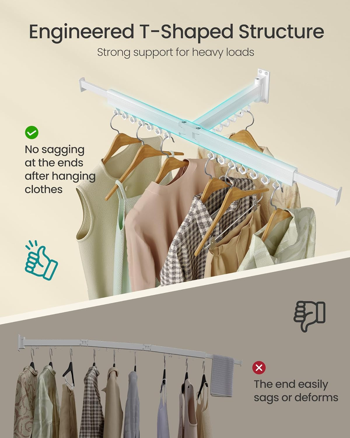 Clothes Drying Rack, Wall-Mounted Laundry Drying Rack, Extendable, Foldable Arms, with 21 Swivel Sliding Hooks, Space-Saving, for Laundry Room, Bathroom, Cloud White ULLR807W01