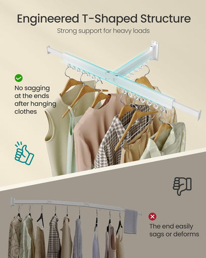Clothes Drying Rack, Wall-Mounted Laundry Drying Rack, Extendable, Foldable Arms, with 21 Swivel Sliding Hooks, Space-Saving, for Laundry Room, Bathroom, Cloud White ULLR807W01