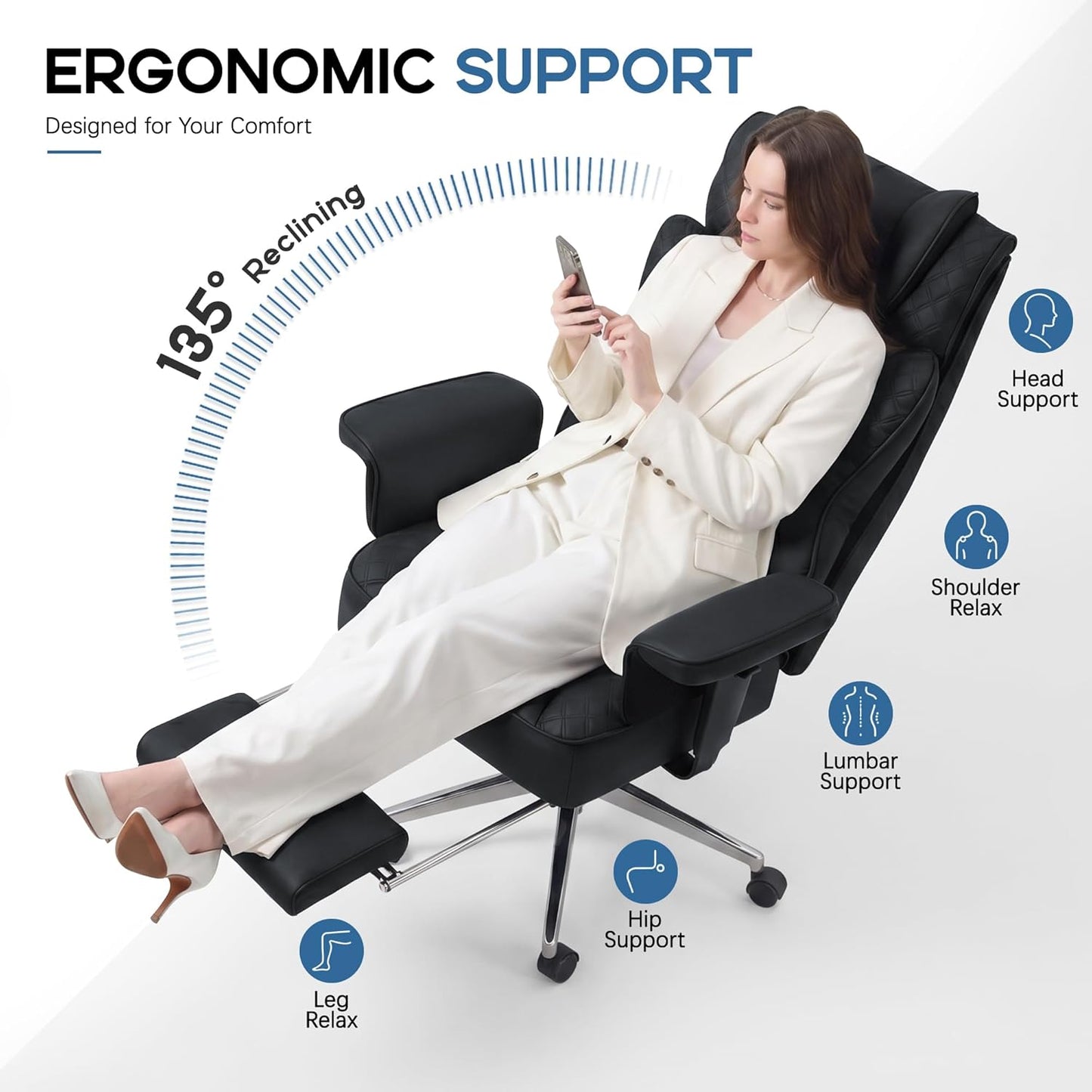 Office Desk Chair, High-Back Big and Tall Leather Chair with Footrest, Ergonomic Reclining Computer Chairs, Comfy Executive Wide Chair with Lumbar Support, Adjustable Padded Armrests, 400LBS (Black)