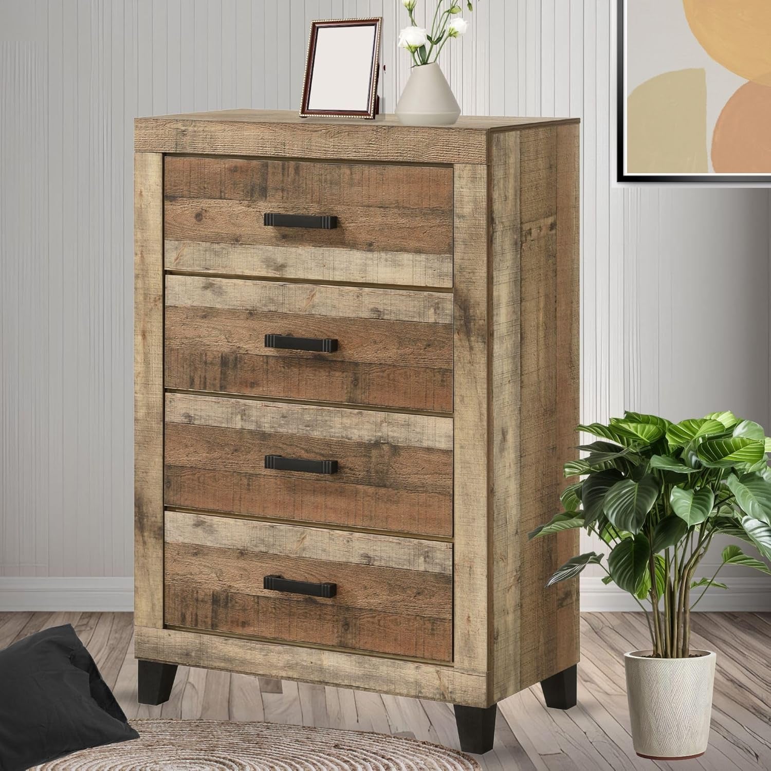 6-Piece Antique Natural King Size Bedroom Set - Bed, Dresser, Mirror, Chest and 2 Nightstands