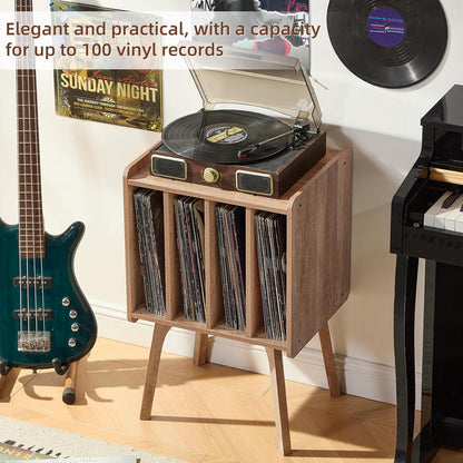 Record Player Stand,Vinyl Record Storage Table with 4 Cabinet up to 100 Albums,Mid-Century Modern Turntable Stand with Wood Legs,Oak Grey Vinyl Holder Display Shelf for Bedroom Living Room