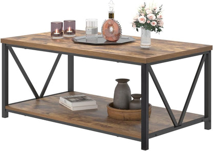 Modern Coffee Table, Industrial Metal and Wood Living Room Table with Storage Shelf, Rustic Brown