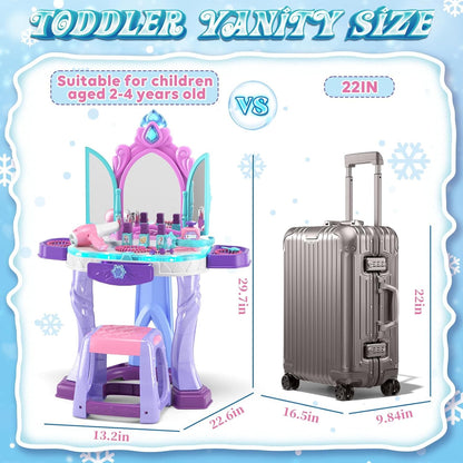 Kids Vanity Table and Chair Set, Girls Makeup Table with Mirror Stool Lights Music, Toddler Pretend Play Vanity Set for Princess Dress Up, Girl Toys Gifts for Age 3 4 5 Years Old