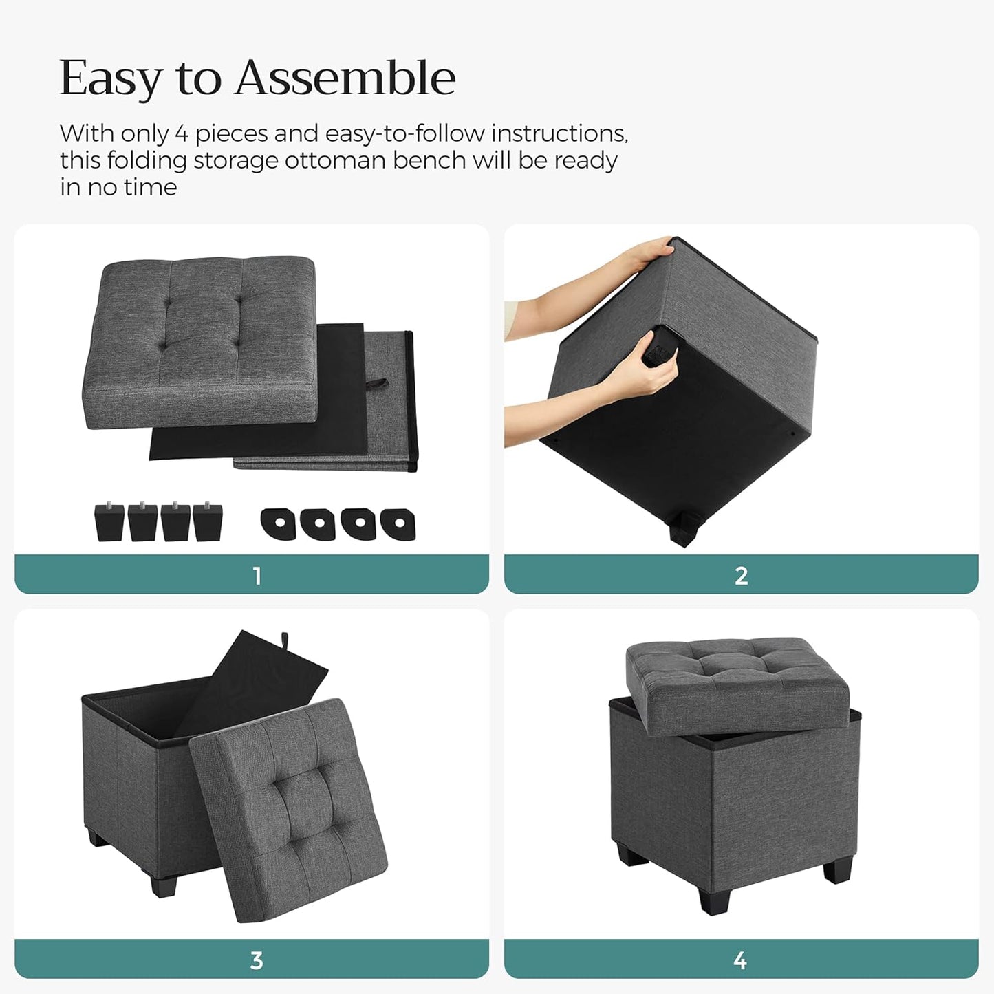 15 Inches Cube Storage Ottoman, Bedroom Bench with Storage, Foot Stool with Feet, Holds up to 660 Lb, Dark Gray ULSF14GYZ