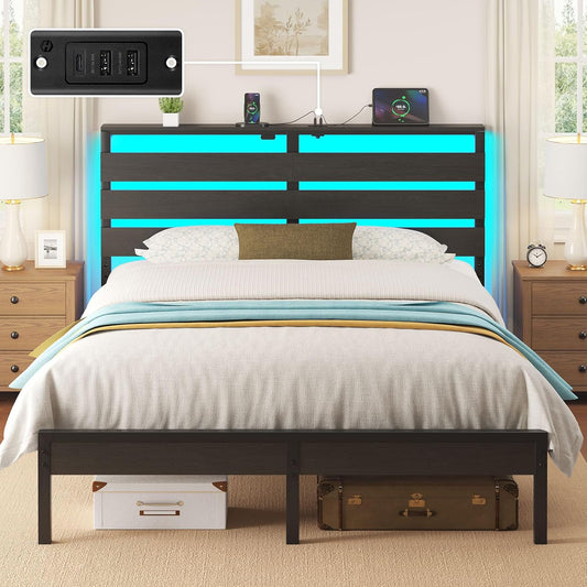 Full Size Bed Frame with USB Charging Station, LED Bed Frame with Wood Storage Headboard, Black Metal Platform Bed with under Bed Storage, No Box Spring Needed, Noise Free
