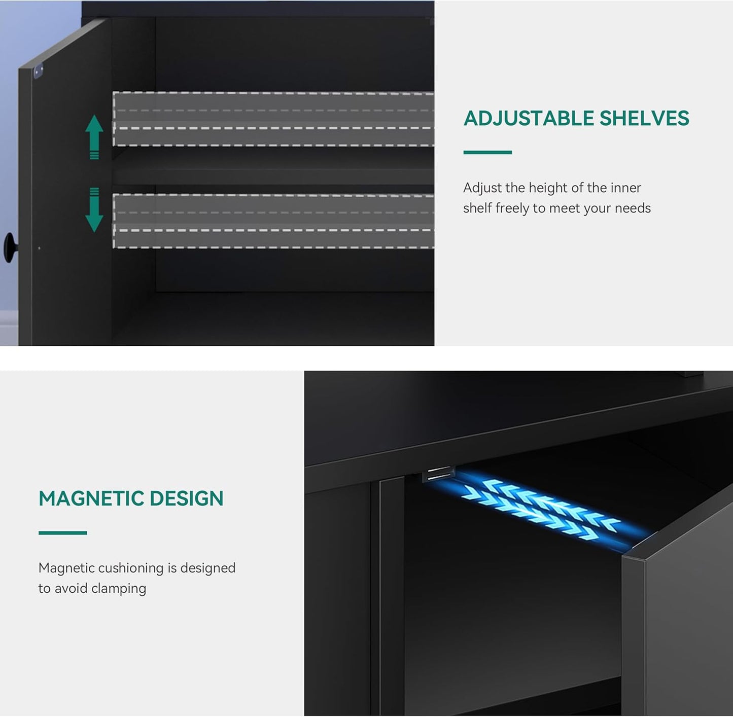 Modern TV Stand with LED Lights for up to 80 Inch Tvs, Entertainment Center with Storage Cabinets & Movable Partition for Living Room (Black)