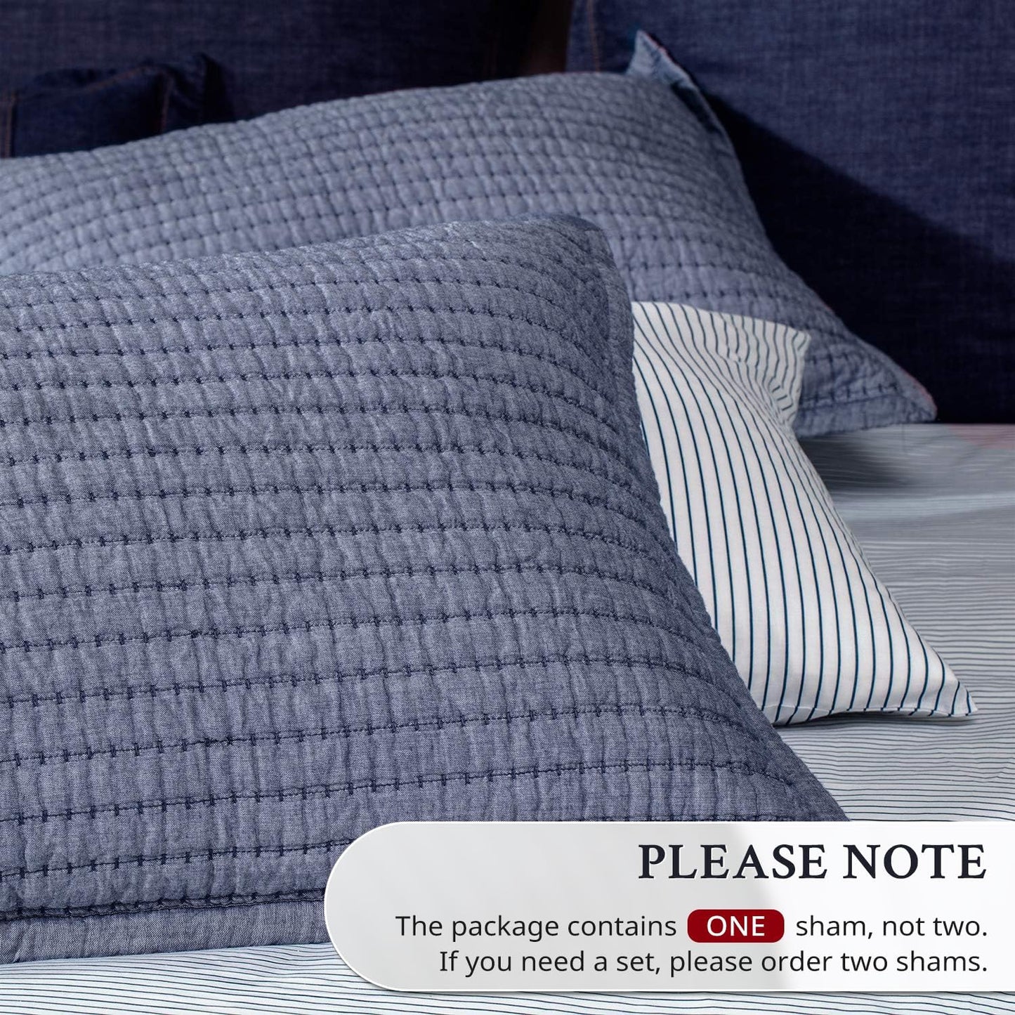 Cotton Yarn Dyed Chambray Collection Cotton Fill Channel Stitch Washed King Pillow Sham Blue Color, 20’’ X 36’’+1.75’’ Flange (1Piece)