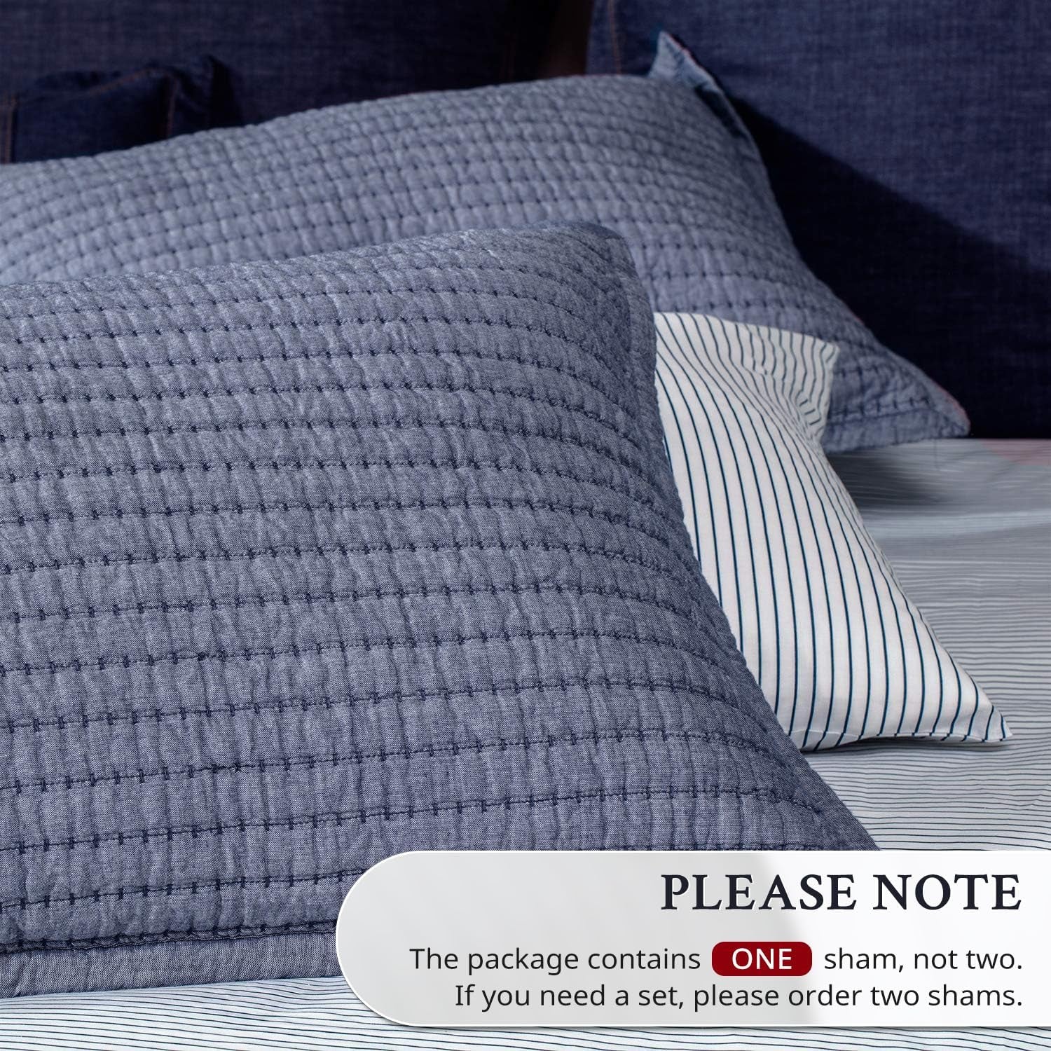 Cotton Yarn Dyed Chambray Collection Cotton Fill Channel Stitch Washed King Pillow Sham Blue Color, 20’’ X 36’’+1.75’’ Flange (1Piece)