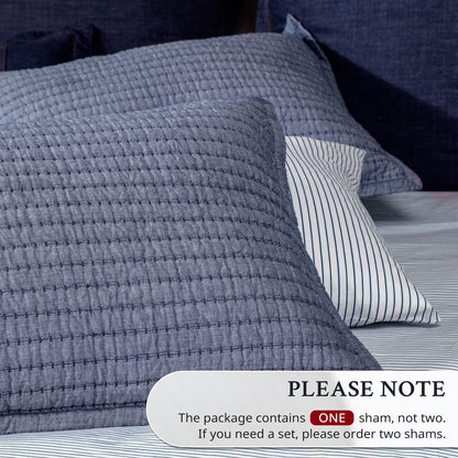 Cotton Yarn Dyed Chambray Collection Cotton Fill Channel Stitch Washed King Pillow Sham Blue Color, 20’’ X 36’’+1.75’’ Flange (1Piece)
