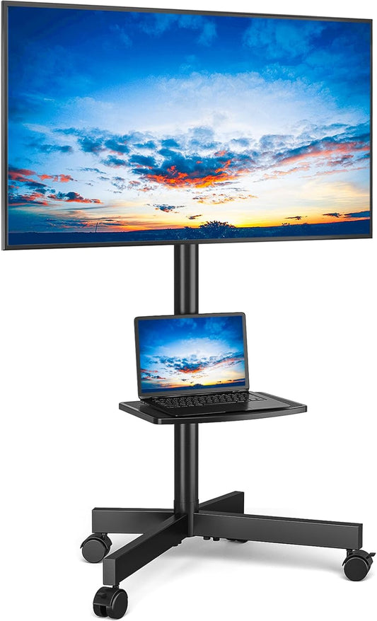 Mobile TV Stand for 23-60 Inch LCD LED Flat/Curved Panel Screen Tvs up to 88 Lbs, Rolling TV Stand with Adjustable Shelf & Tilt, Portable Floor Stand on Wheels for Bedroom, Living Room, Office