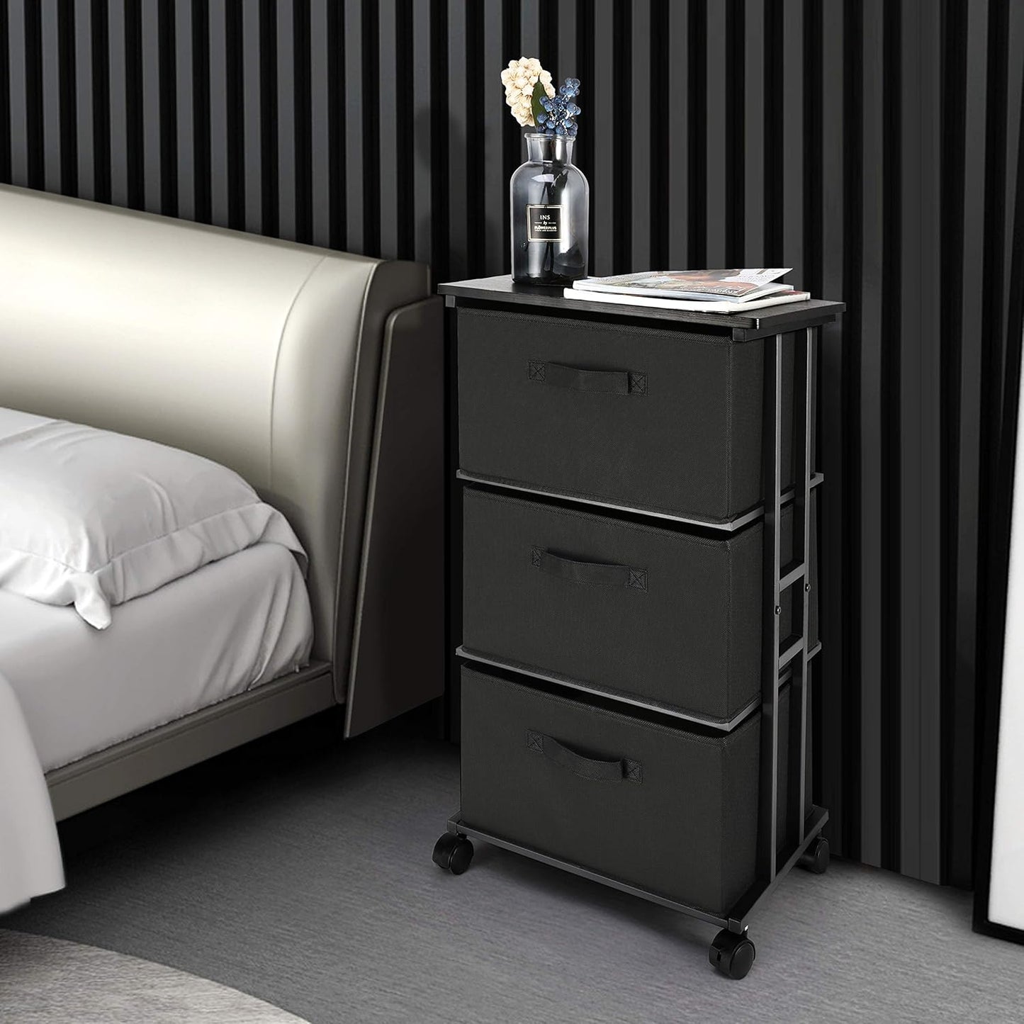 Dresser Storage with 3 Drawers, Fabric Dresser Tower, Vertical Storage Unit for Bedroom, Closet, Office, Black