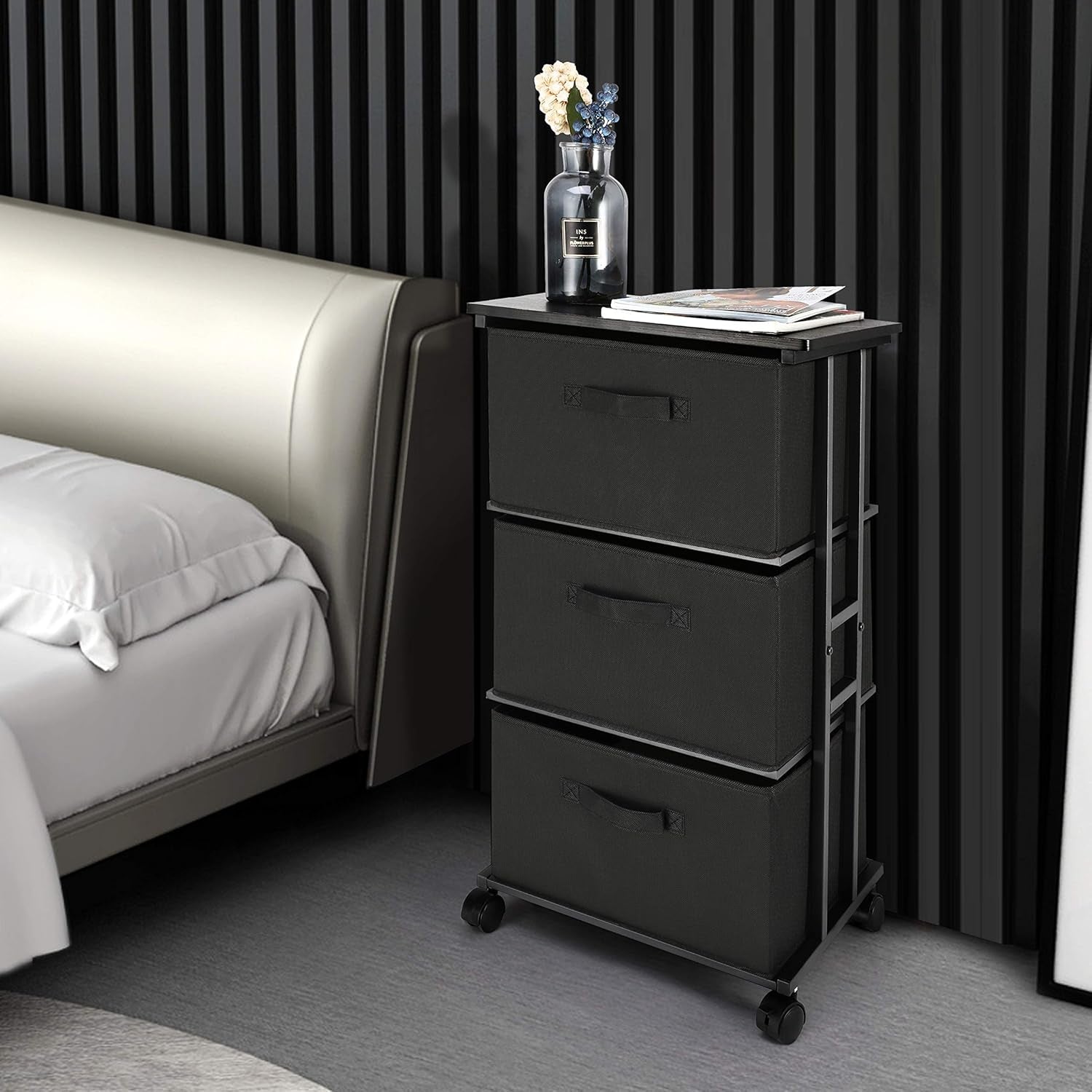 Dresser Storage with 3 Drawers, Fabric Dresser Tower, Vertical Storage Unit for Bedroom, Closet, Office, Black