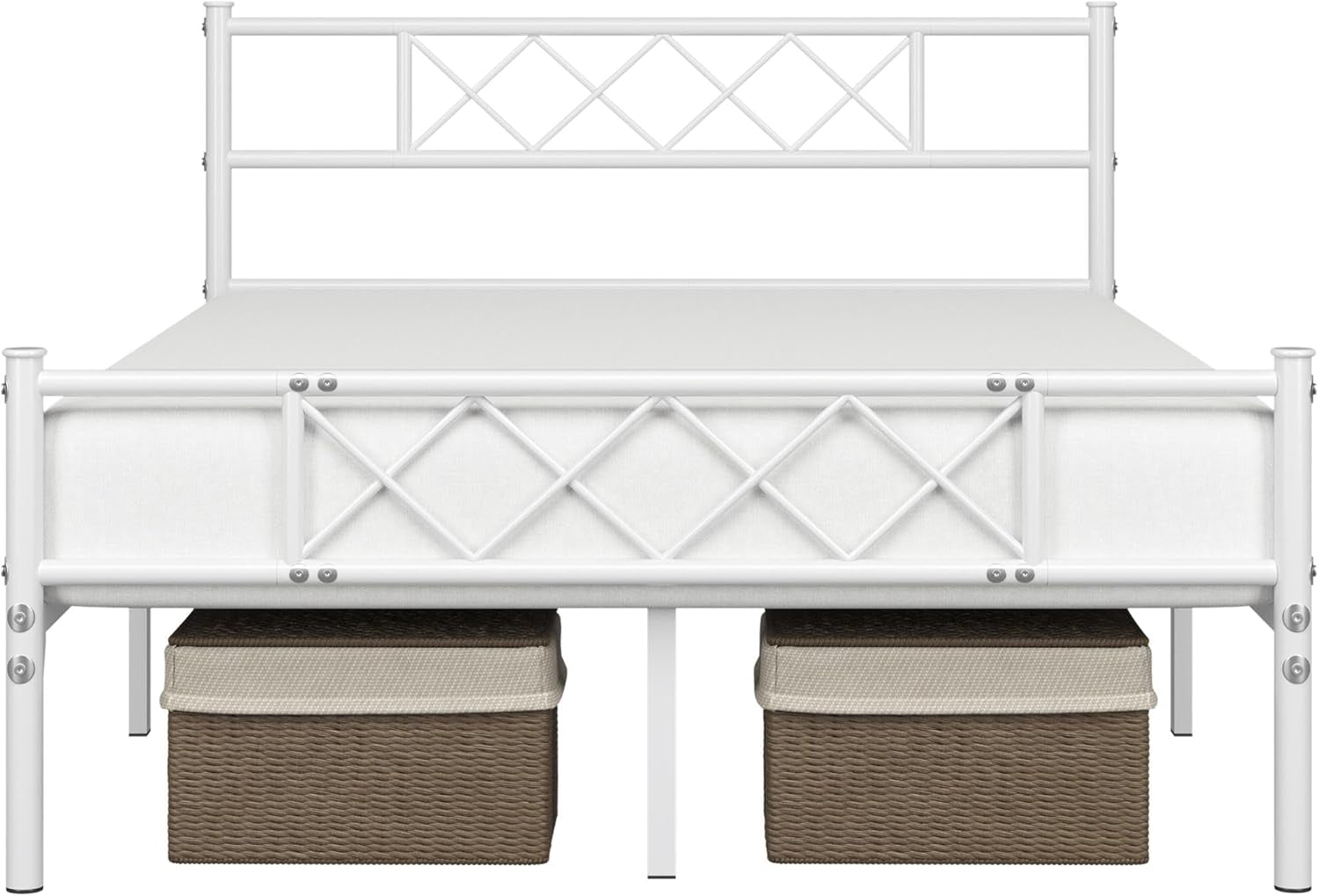 Full Size Metal Platform Bed Frame with Simple Headboard and Footboard, Mattress Foundation for under Bed Storage, Steel Slat Support, No Box Spring Needed, Easy Assembly, White
