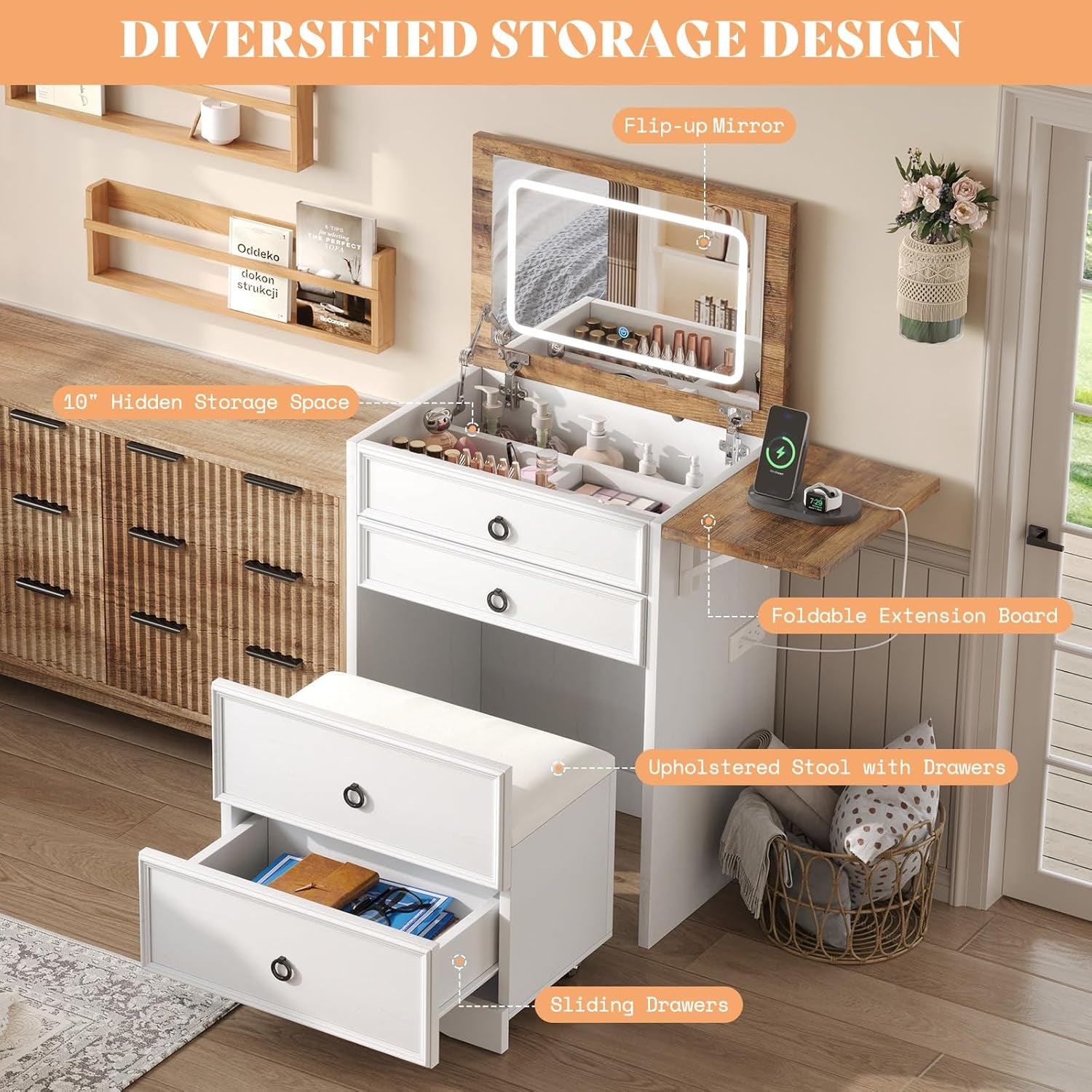 Makeup Vanity Desk with Mirror and Lights, Compact Vanity with Hidden Chair & Charging Station, 3 in 1 Space-Saving Vanity Table for Girls, Small Bedroom & Apartments, White & Barnwood