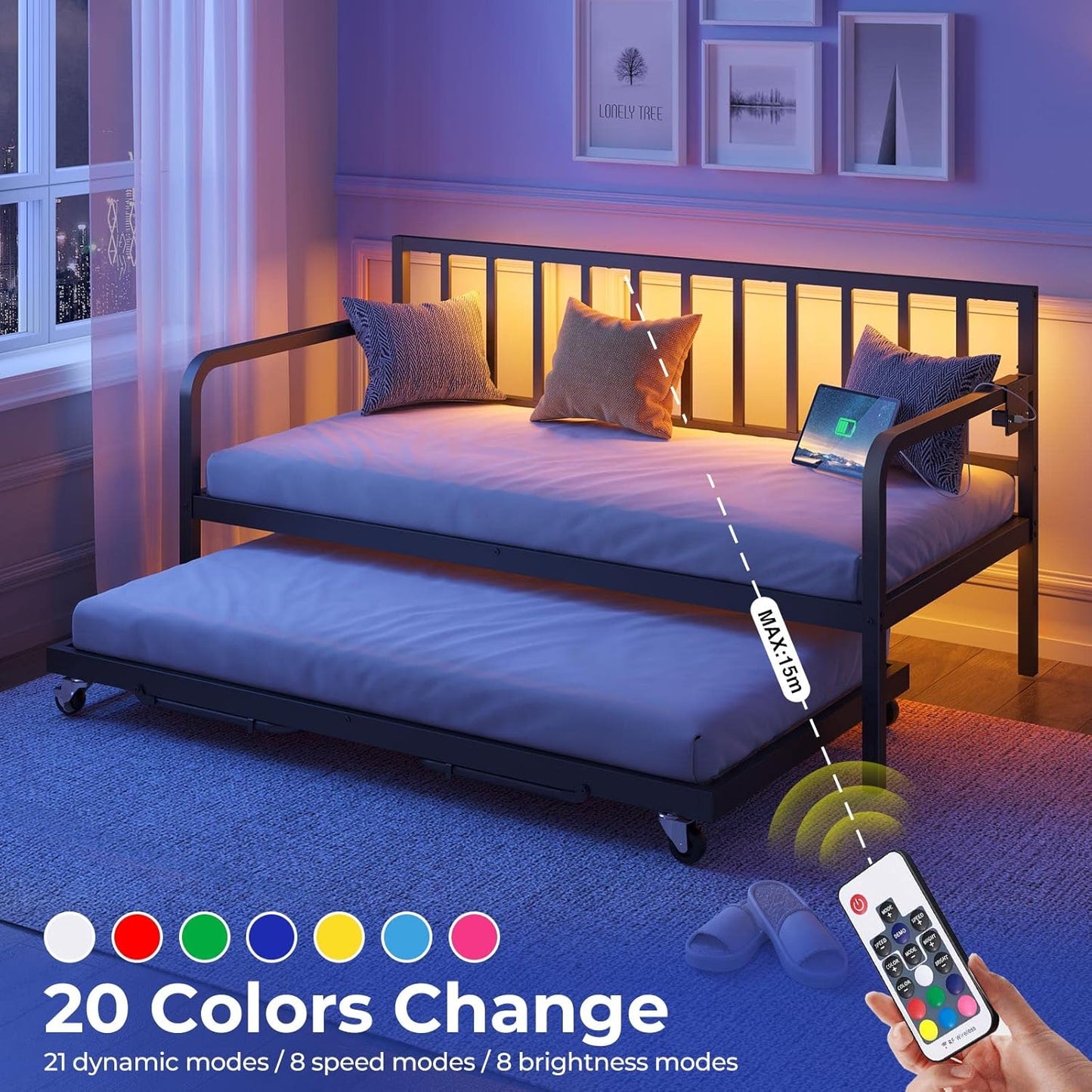 Daybed with Charging Station and LED Lights, Height Adjustable Twin Daybed with Trundle, Metal Sofa Bed Frame with Steel Slat Support for Living Room, Bedroom and Guest Room, Black