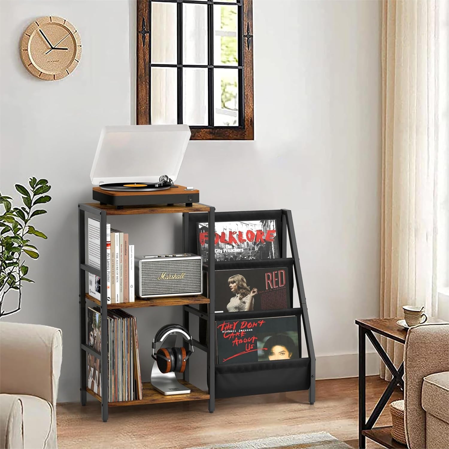 Stereo Record Player Stand with Vinyl Storage for 200 Albums, Turntable Display Shelf, Black