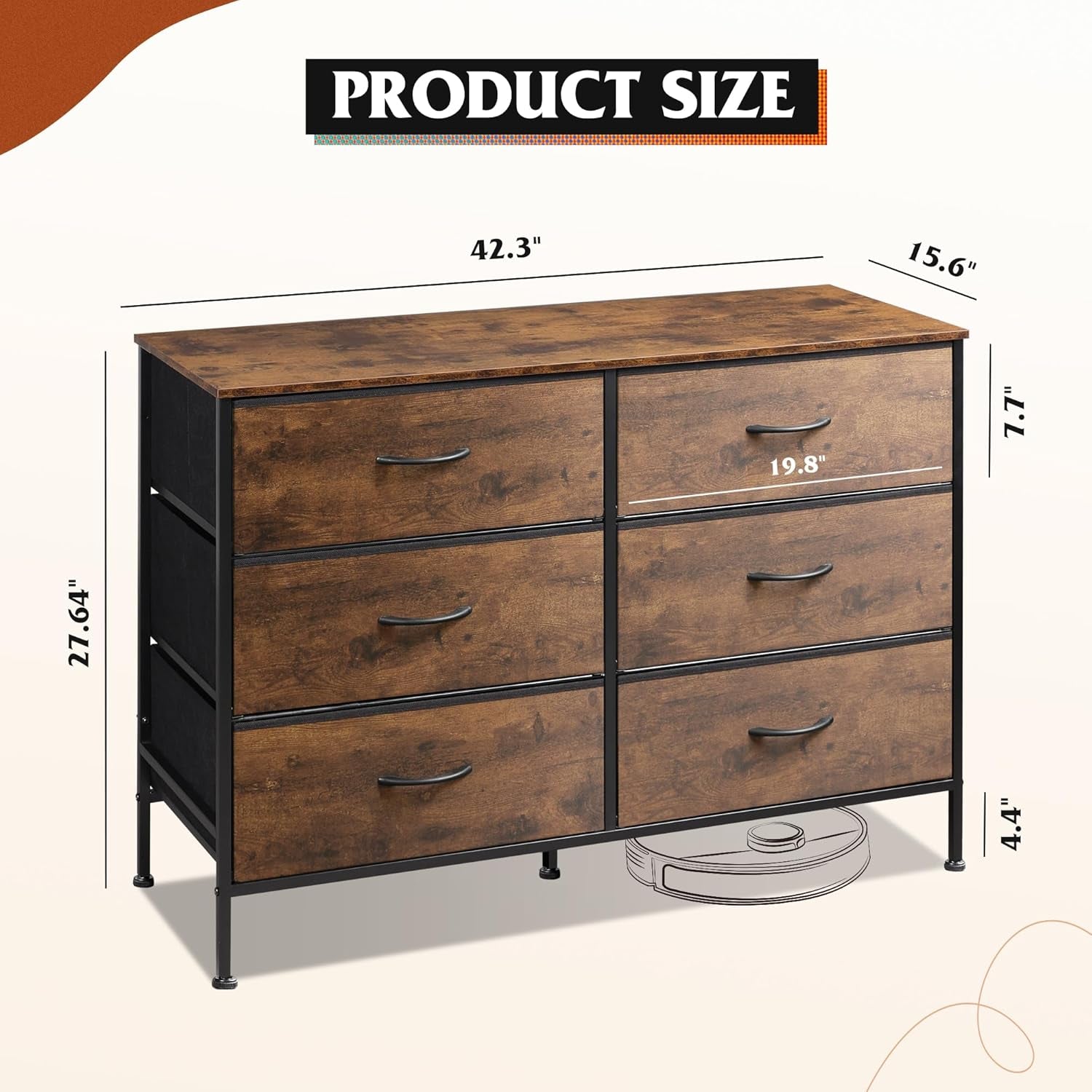 Dresser for Bedroom with 6 Drawers, Wide Fabric Dresser TV Stand for 50 Inches TV, with Metal Frame, Wooden Top, Fabric Storage Dressers for Bedroom, Hallway, Entryway, Rustic Brown