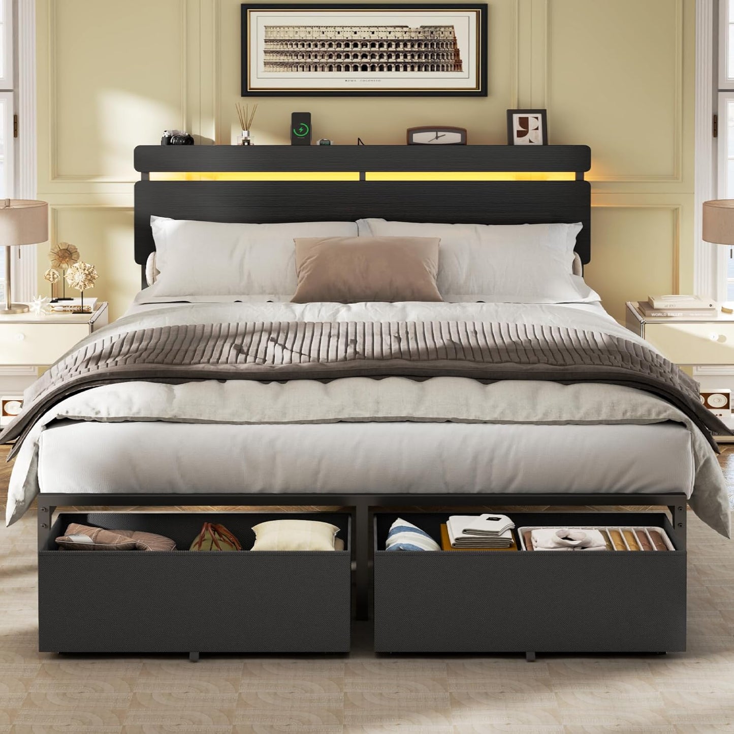 Queen Bed Frame with Wood Headboard, Black Platform Bed with 2 Storage Drawers & Shelf, Built-In Charging Station & LED Lights, Metal Support, No Box Spring Needed, Cama Queen Size