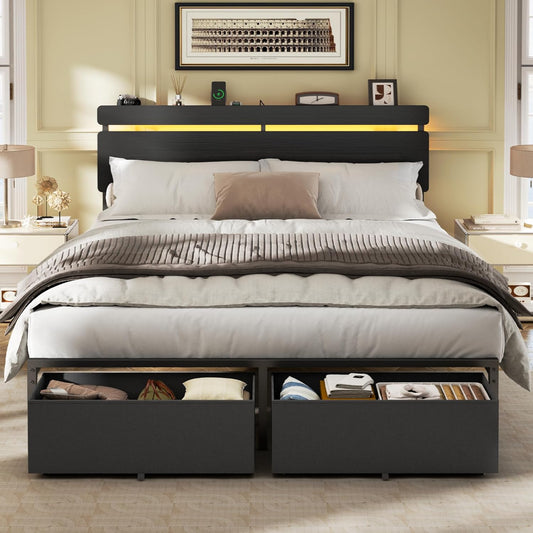 Queen Bed Frame with Wood Headboard, Black Platform Bed with 2 Storage Drawers & Shelf, Built-In Charging Station & LED Lights, Metal Support, No Box Spring Needed, Cama Queen Size