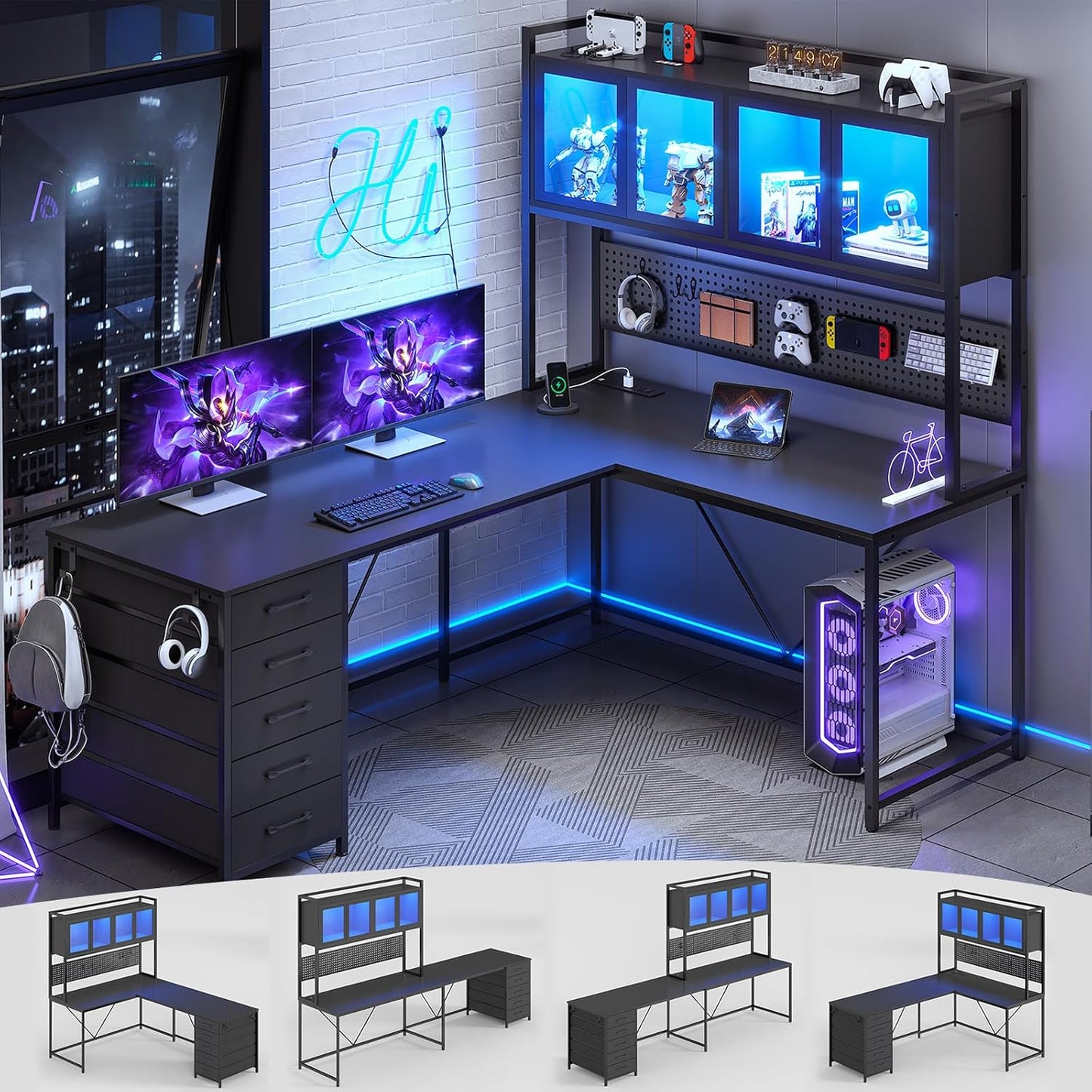 L Shaped Gaming Desk with Drawers, L Shaped Computer Desk with Hutch and Storage Shelves, Gaming Desk with Pegboard, Led Lights, and Power Outlet, Home Office Desk, Corner Desk, Black