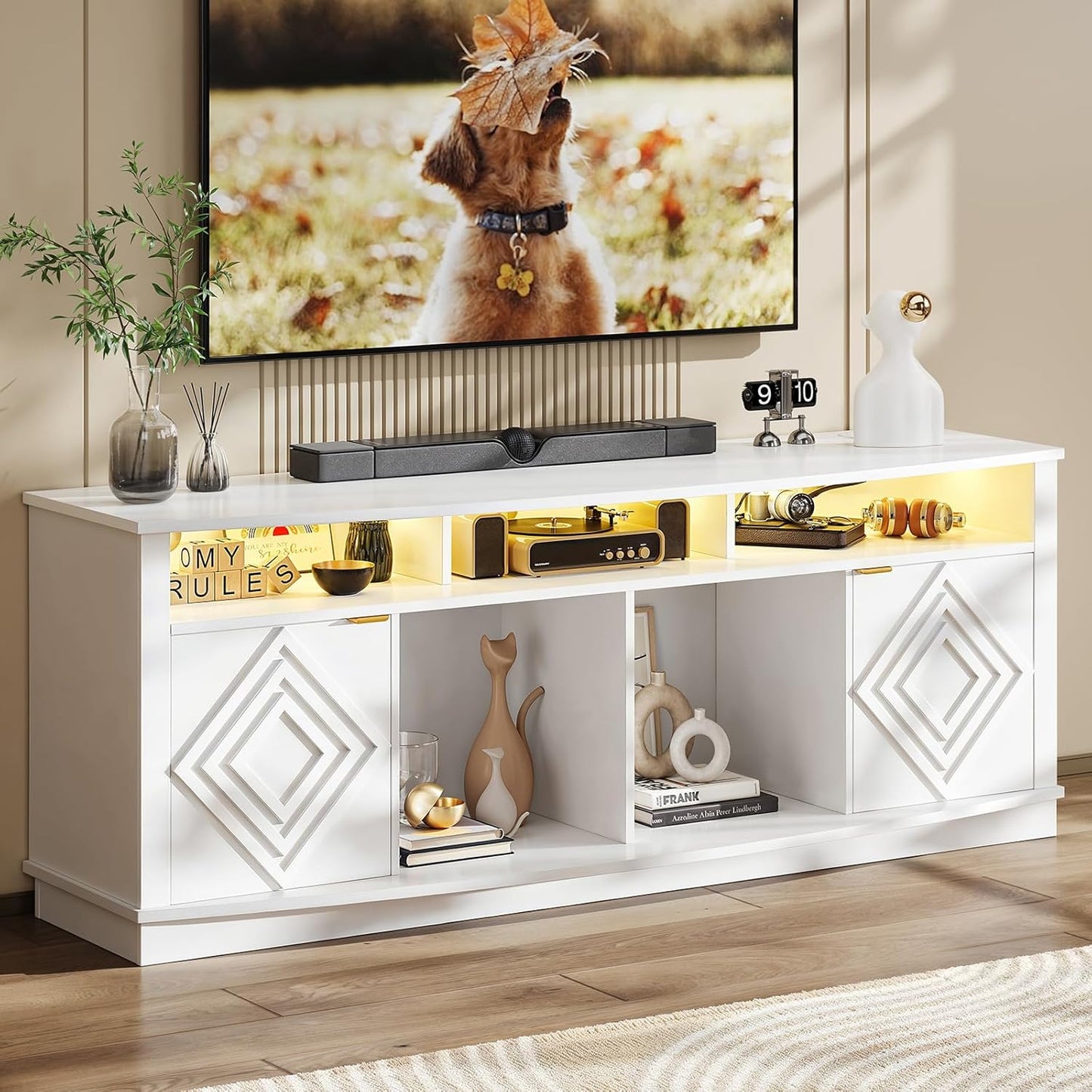 LED TV Stand for 80 Inch TV, Entertainment Center with Power Outlets, Modern TV Console Gaming Media Television Stands with Storage for Living Room, Bedroom, Gaming Room, 70 Inch, White