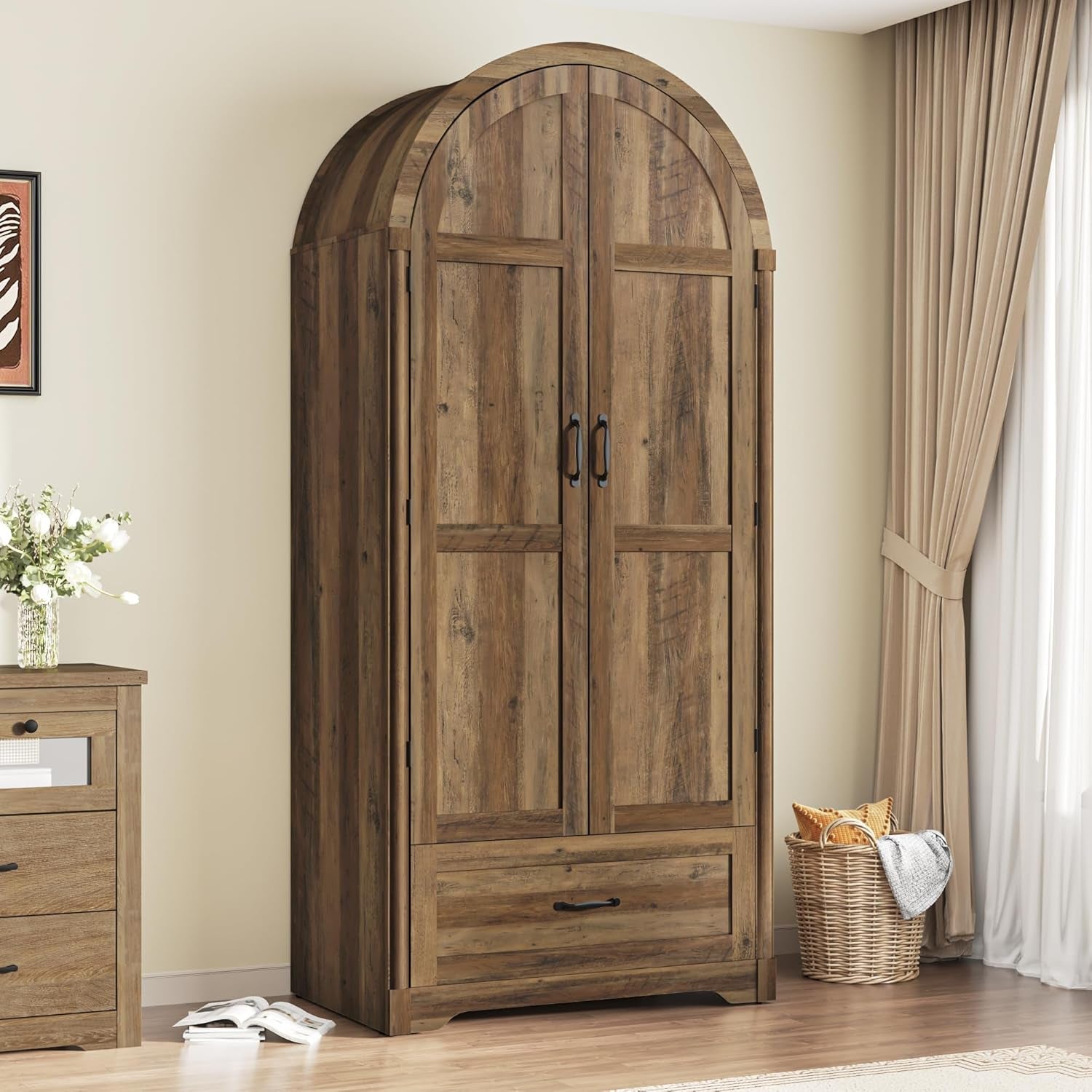 2 Doors  with Mirror and Lights, 71" Farmhouse Arched Wooden Wardrobe Cabinet with Drawers,Hanging Rod, Clothing Storage Closet Cabinet for Bedroom,Light Rustic Oak