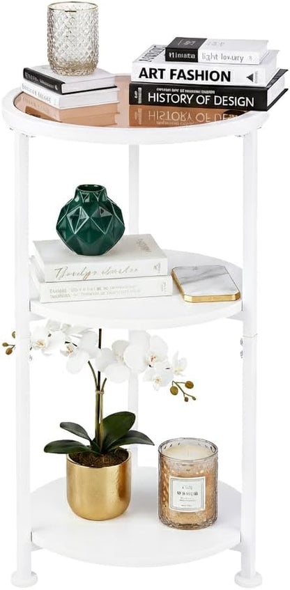 Glass Side Table, Tempered Glass Small round Side Table with 3-Tier Storage Shelves for Small Spaces, Modern Glass round End Table for Living Room, Bedside Table Nightstand for Bedroom (White)