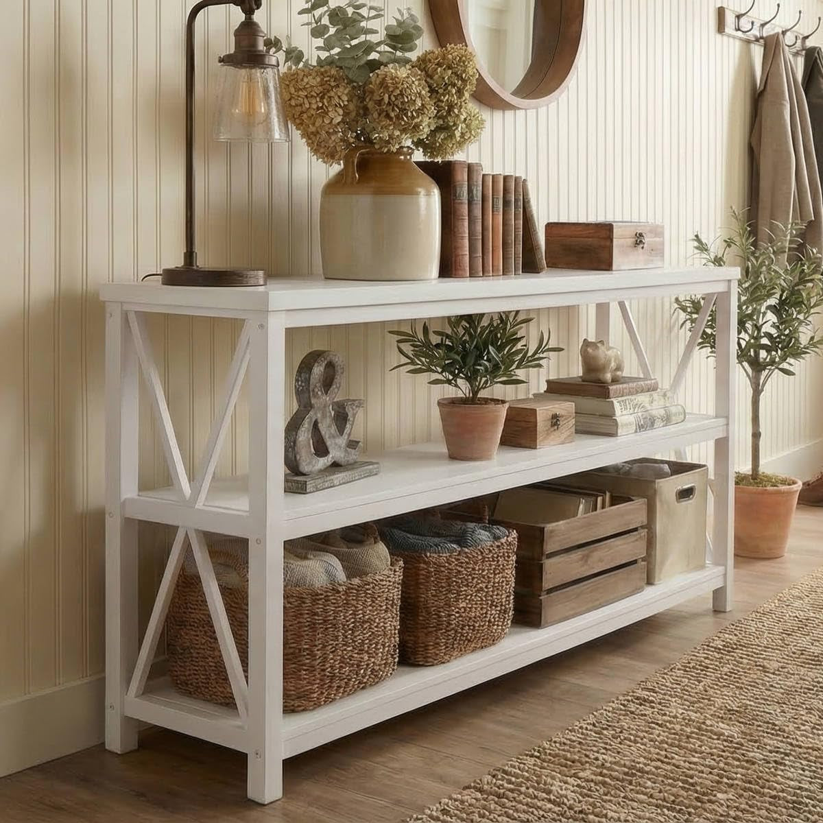 Console Table for Entryway, Long Sofa Table with 3 Tier Shelves, Modern White Hallway Tables for Living Room (55 Inch, White Oak)