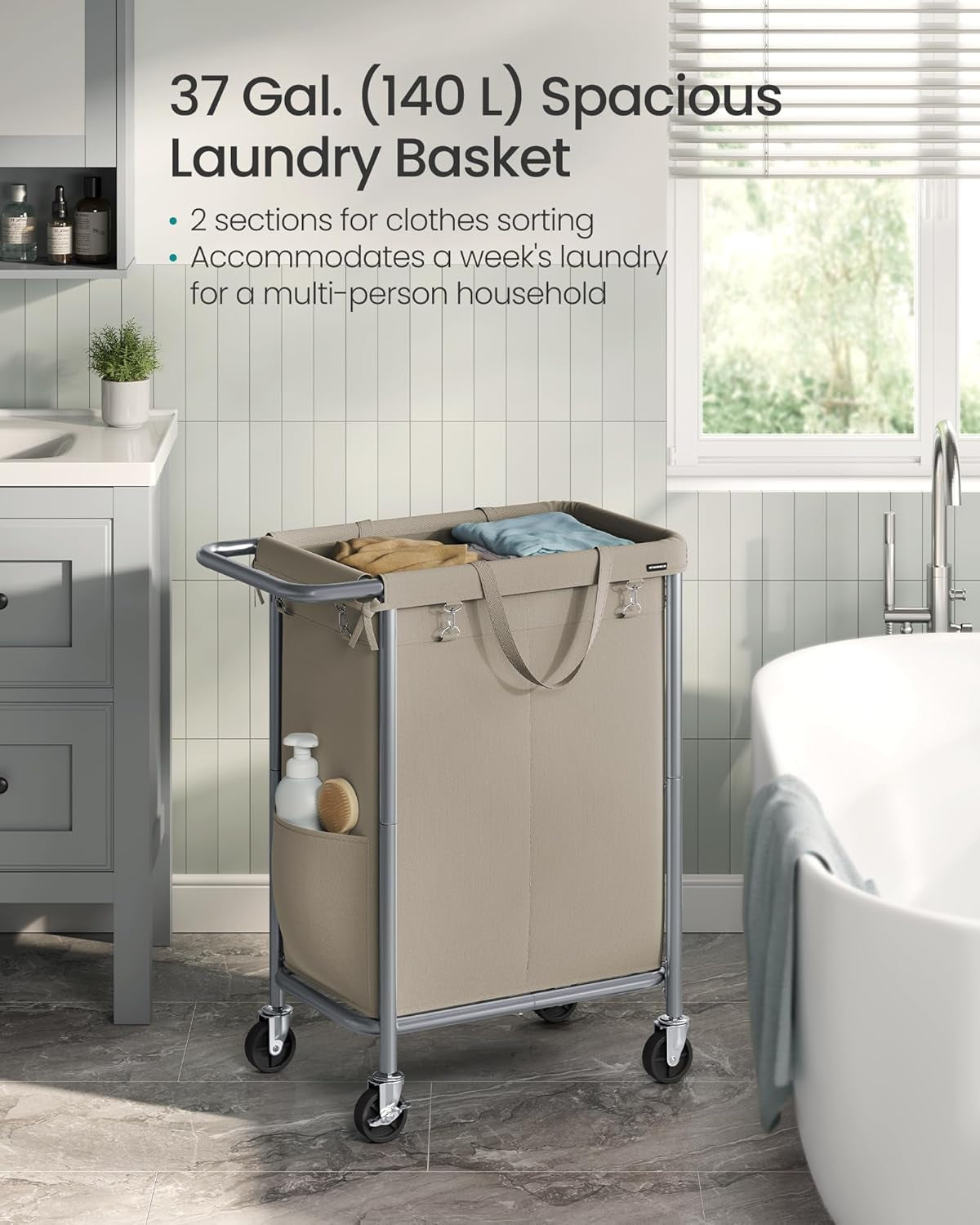 Laundry Basket with Wheels, 2-Section Rolling Laundry Hamper, 37 Gallons (140 L), Removable Liner, Steel Frame with Handle, 27.2 X 15.4 X 31.9 Inches, Camel Brown URLS004N01