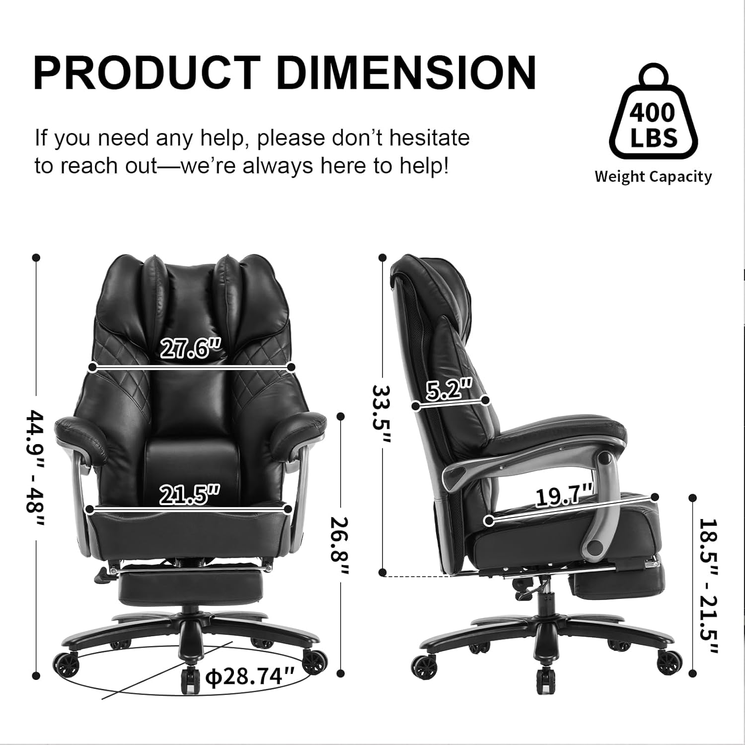 Big and Tall Office Chair 400Lbs for Heavy People, Wide Executive Office Chair with Foot Rest, High Back Ergonomic Desk Chairs Lumbar Support for Lower Back Pain, Leather Black