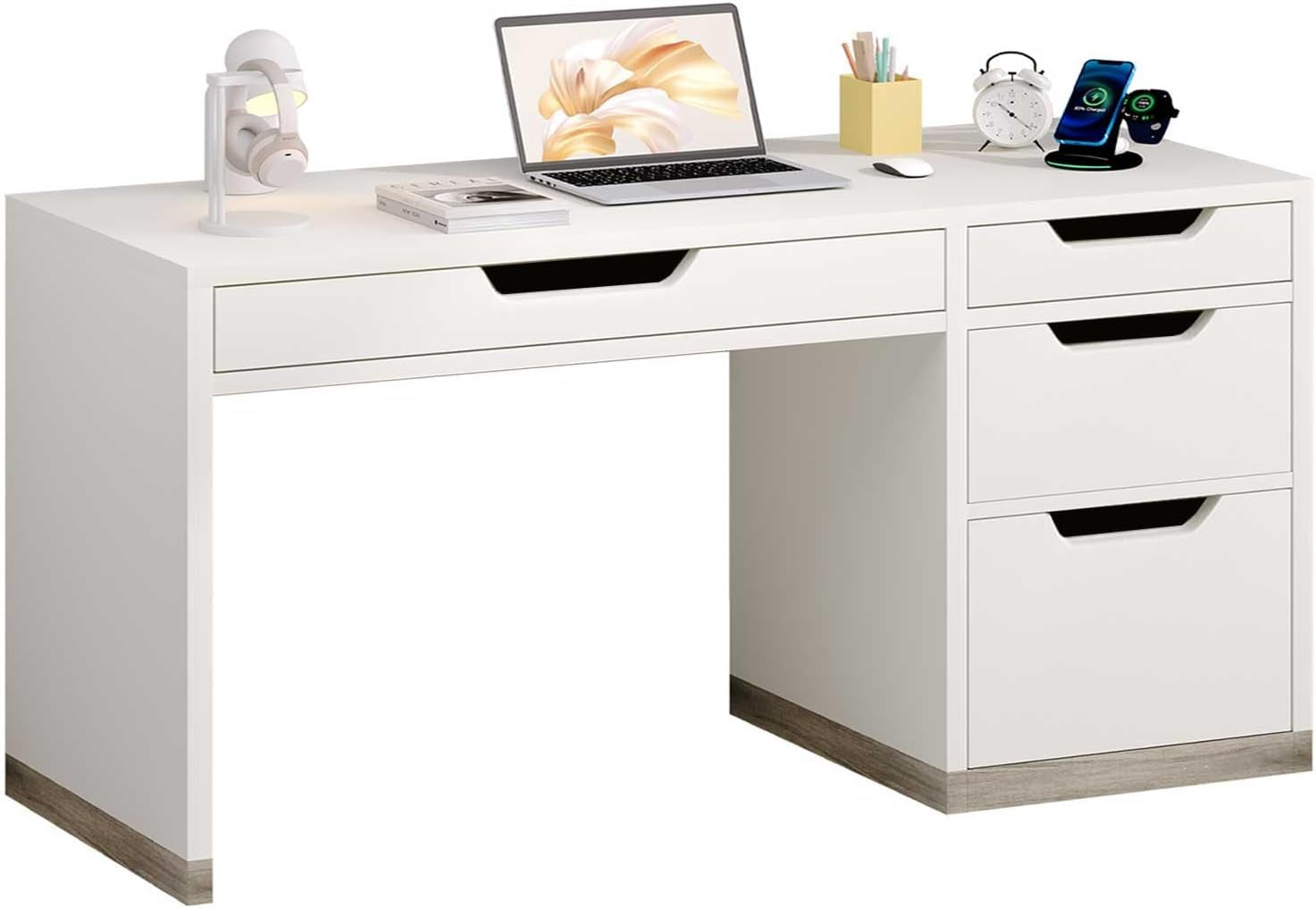52 Inch White Desk with 4 Drawers, Computer Desk with Storage for Small Spaces with Storage File Cabinet, Small Home Office Desk with Drawers for Bedroom