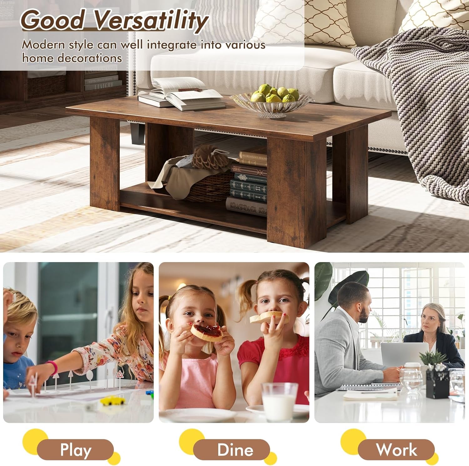 2-Tier Coffee Table, Modern Rectangular Center Cocktail Table with 5 Support Legs, Wooden Accent Living Room Furniture, Small Coffee Table for Small Spaces, Easy Assembly (Rustic Brown)