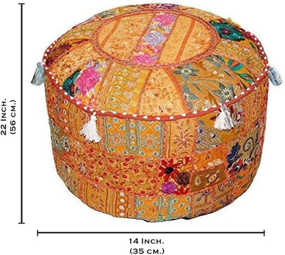 Indian Pouf Footstool Ethnic Embroidered Pouf Cover, Indian Cotton round Pouffe Ottoman Pouf Cover Pillow Ethnic Decor Art - Cover Only (Orange, 22X14)