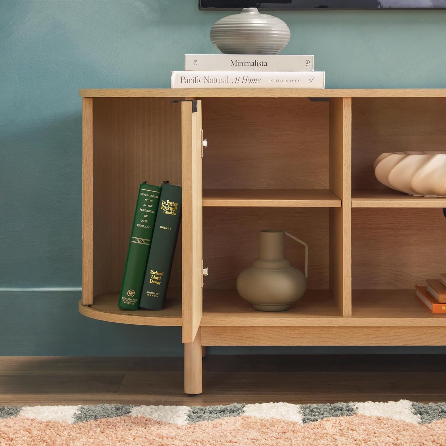 Modern Curved Reeded TV Stand for Tvs up to 70 Inches, Credenza with Sliding Doors and Adjustable Shelves, TV Stand with Cord Management Cutout, 60 Inch, Coastal Oak