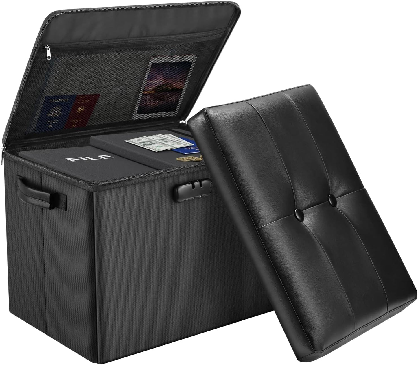 Storage Ottoman with Lock,Fireproof Folding Ottoman Foot Rest Stool Storage Chest with Storage Safe for Important Documents,Waterproof 17 Inches Short Ottoman Foot Stool with Handles,Black