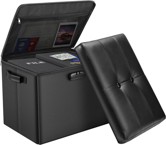 Storage Ottoman with Lock,Fireproof Folding Ottoman Foot Rest Stool Storage Chest with Storage Safe for Important Documents,Waterproof 17 Inches Short Ottoman Foot Stool with Handles,Black