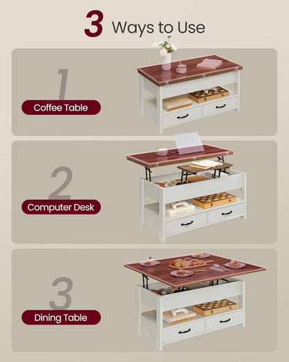 Coffee Table Lift Top, 3 in 1 Center Table with Storage, Gas Spring, 2 Drawers and 3 Hidden Compartments, Open Shelf, for Living Room, Home Office, Honey Brown and Rustic White ULCT254W01