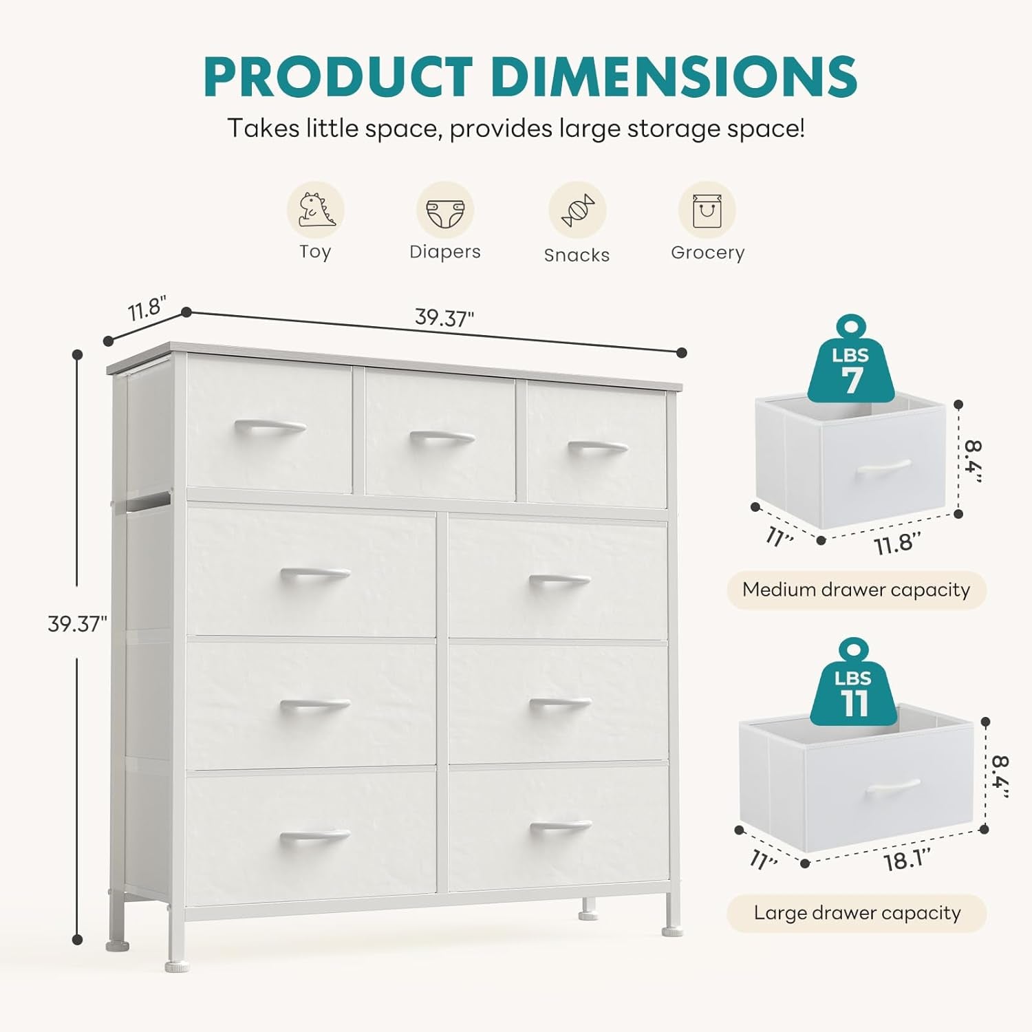 9 Drawer Storage Dresser with Wood Top - Wide Fabric Chest Organizer for Bedroom, Closet, Living Room,Tower Cabinet, TV Stand, Hallway Entryway Furniture,Bright White
