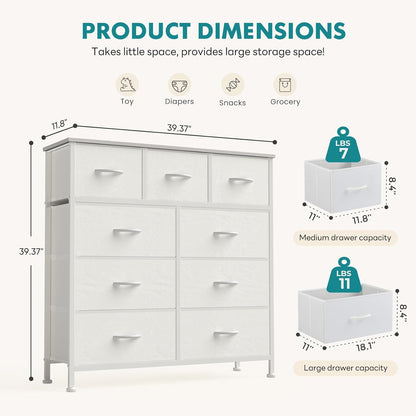 9 Drawer Storage Dresser with Wood Top - Wide Fabric Chest Organizer for Bedroom, Closet, Living Room,Tower Cabinet, TV Stand, Hallway Entryway Furniture,Bright White